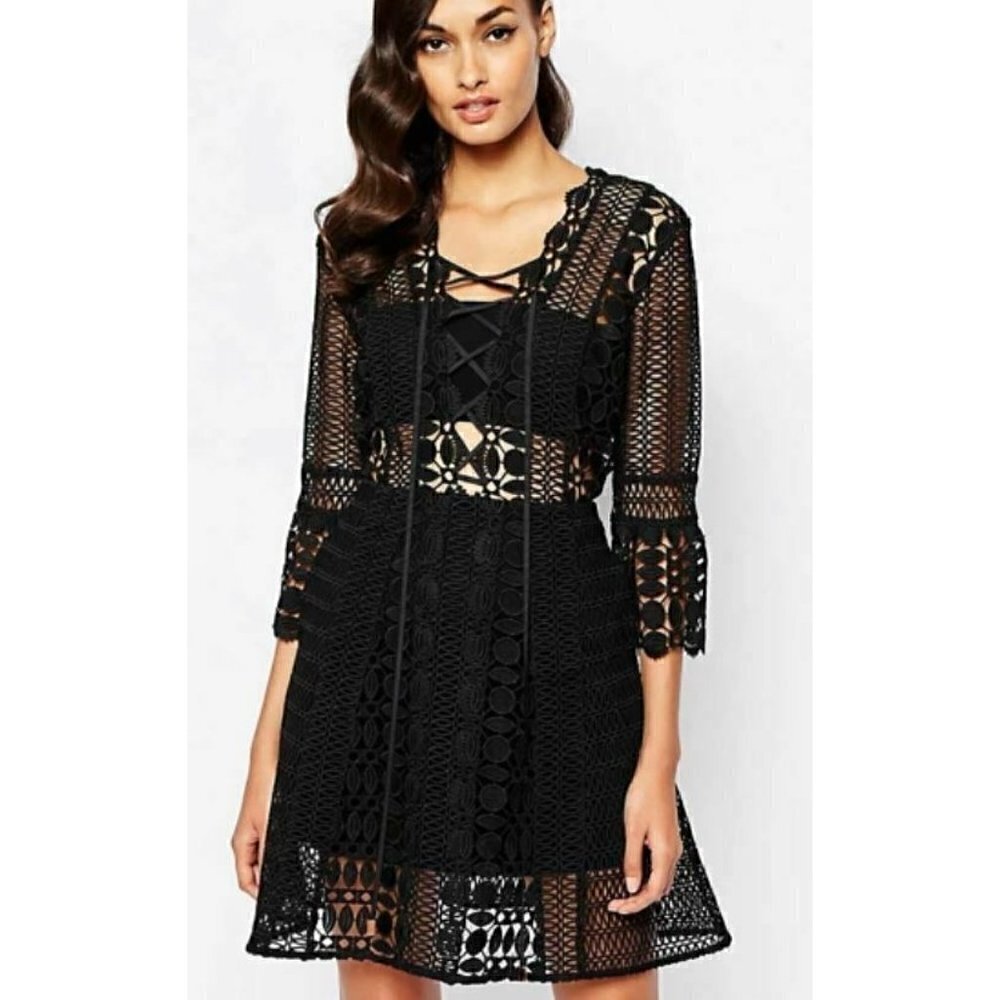 New Self Portrait Black Crochet Lace Dress ALine